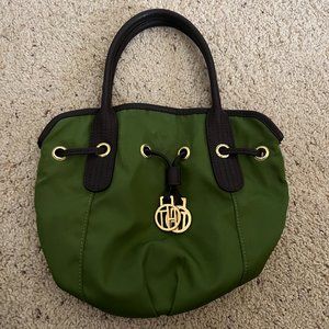 Tommy Hilfiger green bag with brown faux leather straps and gold accents